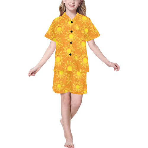 Sun orange background Kids' Boys' Girls' V-Neck Short Pajama Set