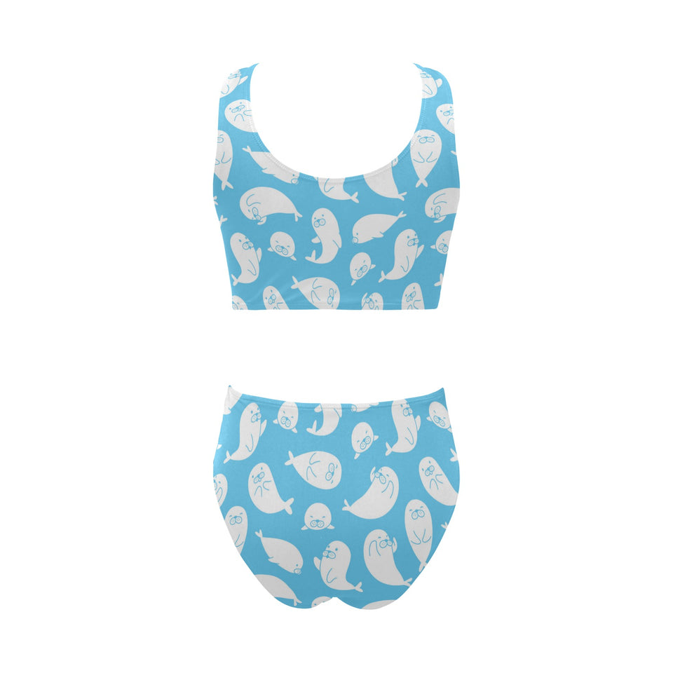 Cute white sea lion seals pattern Chest Bowknot High Waisted Bikini Swimsuit