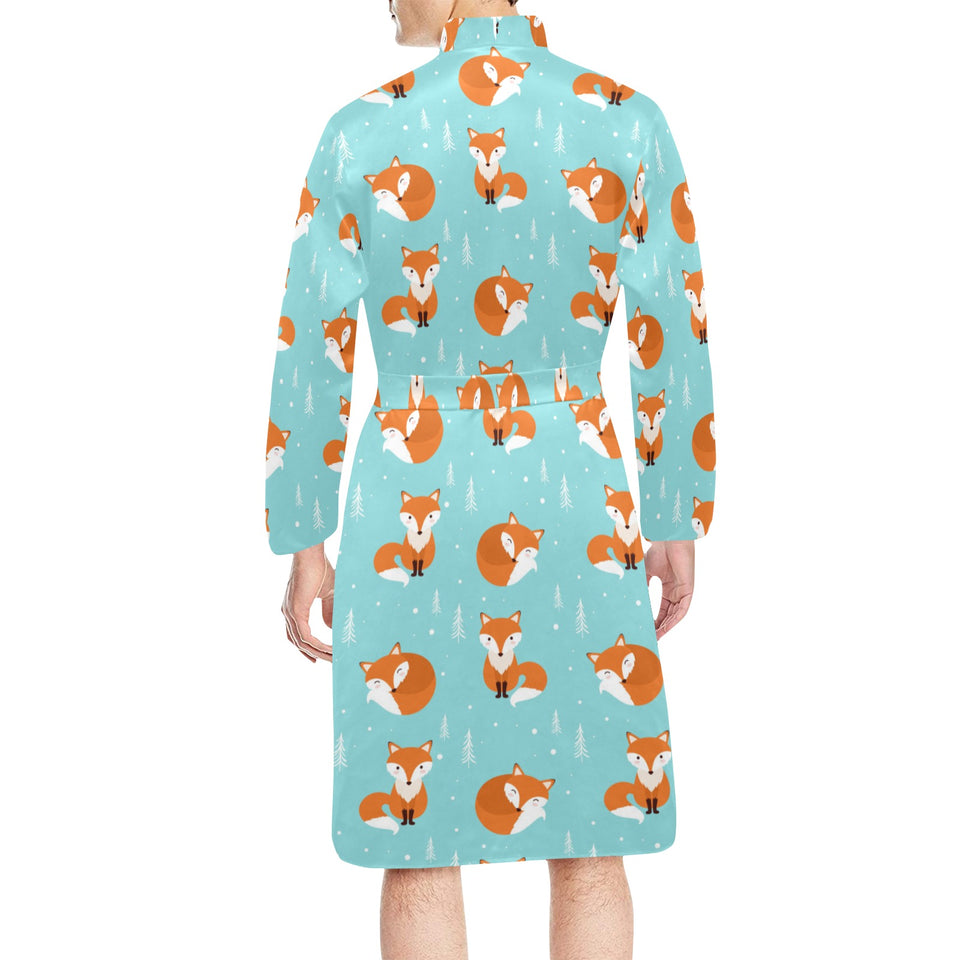 Fox pattern blue b ackground Men's Long Sleeve Belted Night Robe