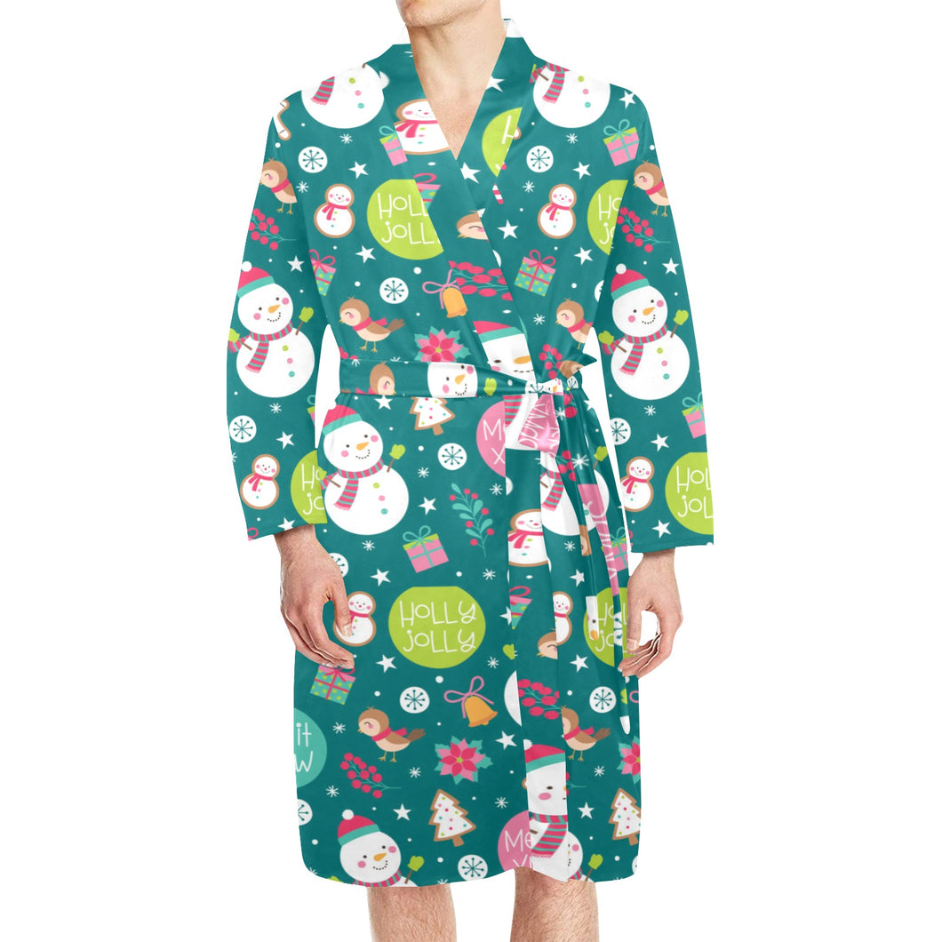 Snowman bird decorative elements christmas pattern Men's Long Sleeve Belted Night Robe