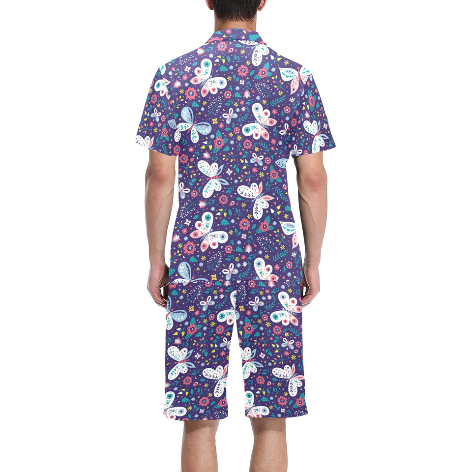 Colorful butterfly flower pattern.eps Men's V-Neck Short Pajama Set