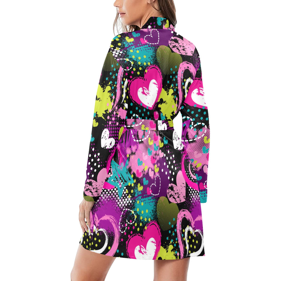 heart dot wave star creative design pattern Women's Long Sleeve Belted Night Robe