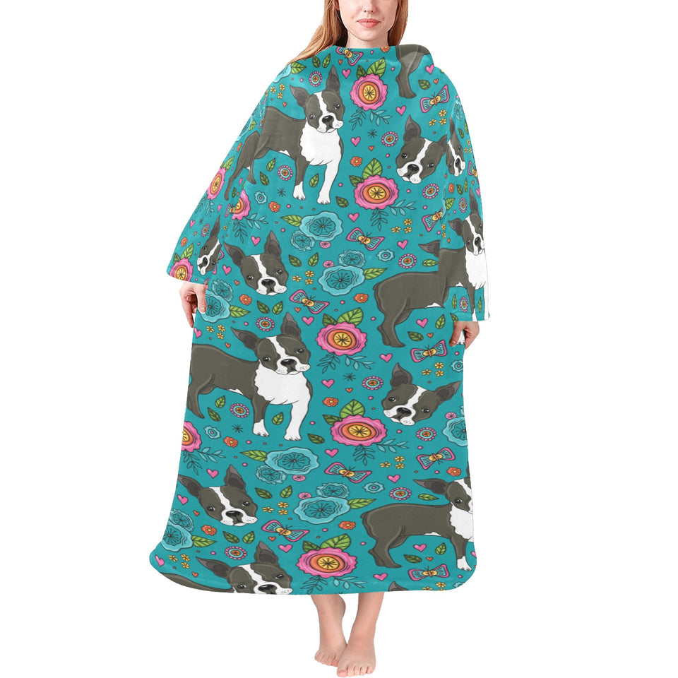 Boston terrier beautiful flower pattern Blanket Robe with Sleeves