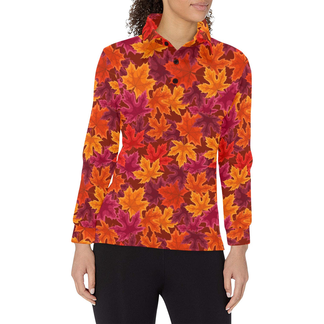 Autumn maple leaf pattern Women's Long Sleeve Polo Shirt