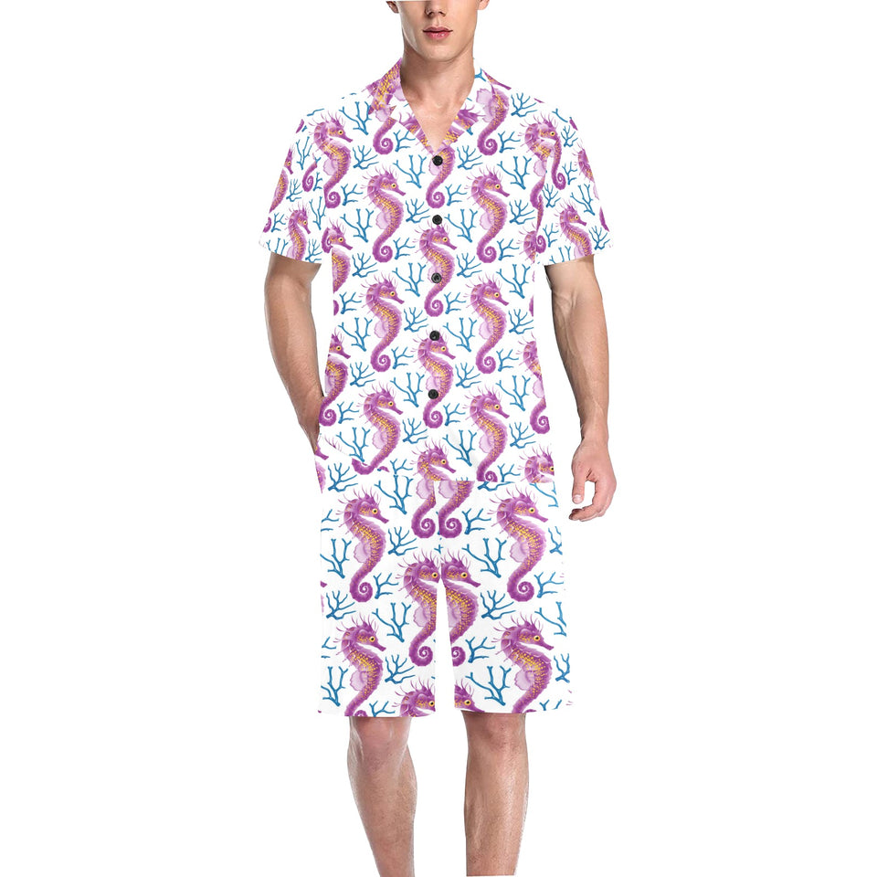 Purple seahorse blue coral pattern Men's V-Neck Short Pajama Set