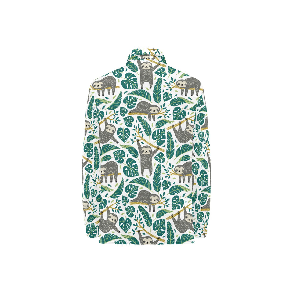 Cute sloths tropical palm leaves white background Women's Long Sleeve Polo Shirt