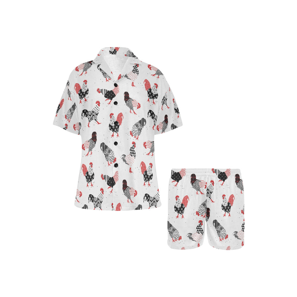 Cool rooster chicken cock floral ornament backgrou Women's V-Neck Short Pajama Set