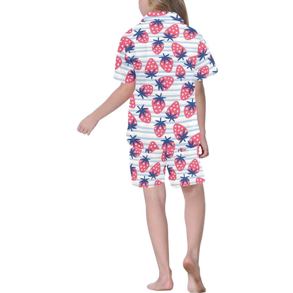 Strawberry pattern blue lines background Kids' Boys' Girls' V-Neck Short Pajama Set