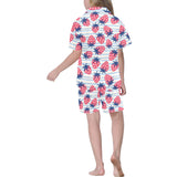 Strawberry pattern blue lines background Kids' Boys' Girls' V-Neck Short Pajama Set