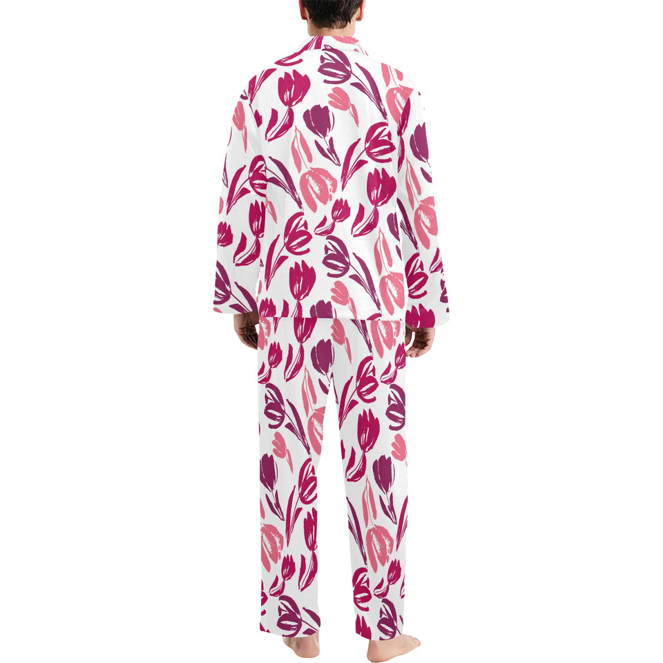 pink sketch tulip pattern Men's Long Pajama Set