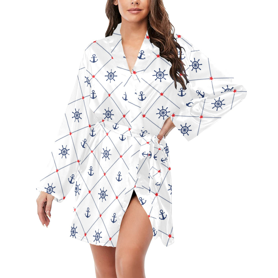Anchor rudder nautical design pattern Women's Long Sleeve Belted Night Robe