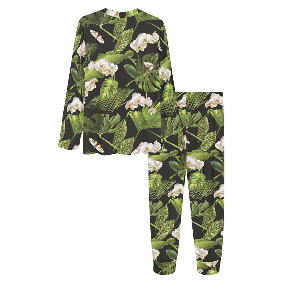 White orchid flower tropical leaves pattern blackg Women's All Over Print Pajama Set