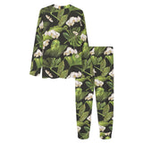 White orchid flower tropical leaves pattern blackg Women's All Over Print Pajama Set
