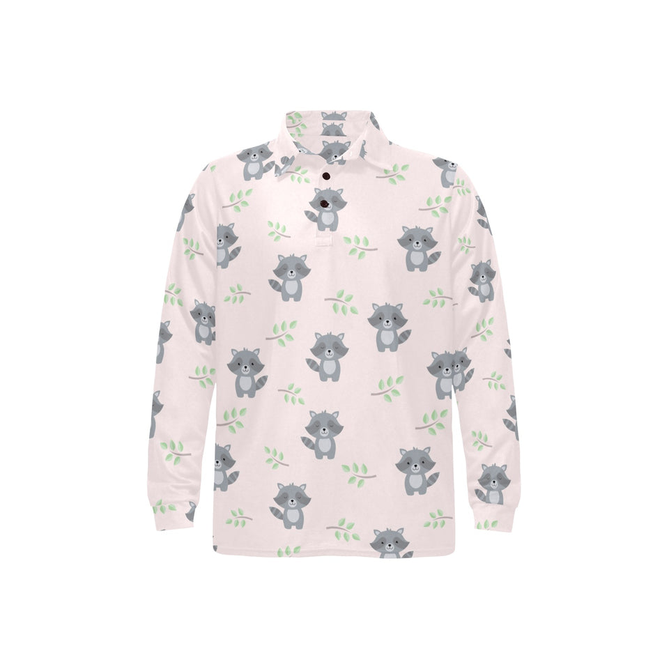 cute raccoons leaves pattern Men's Long Sleeve Polo Shirt