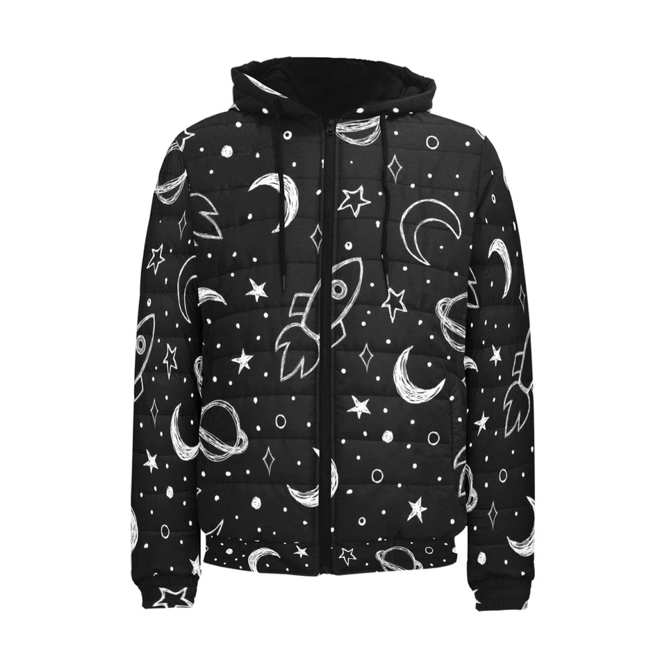Hand drawn space rocket star planet Men's Padded Hooded Jacket