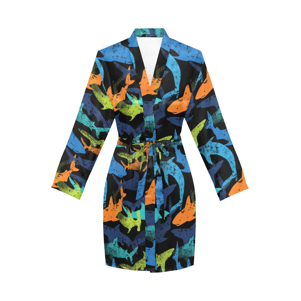 Colorful shark Women's Long Sleeve Belted Night Robe