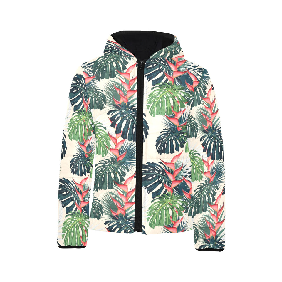 heliconia flowers, palm and monstera leaves Kids' Boys' Girls' Padded Hooded Jacket
