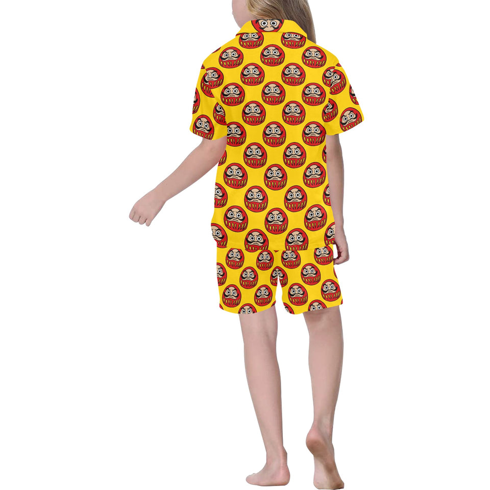 Daruma japanese wooden doll yellow background Kids' Boys' Girls' V-Neck Short Pajama Set
