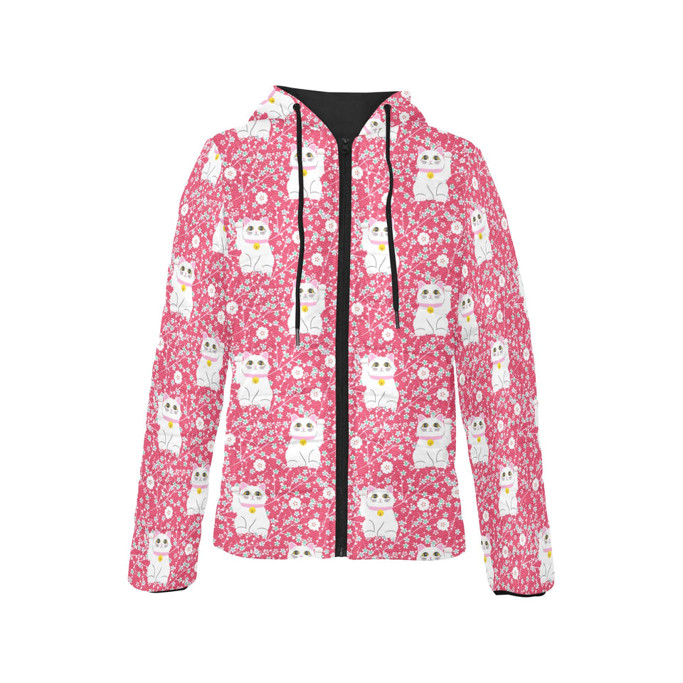 Maneki neko cat sakura pink background Women's Padded Hooded Jacket