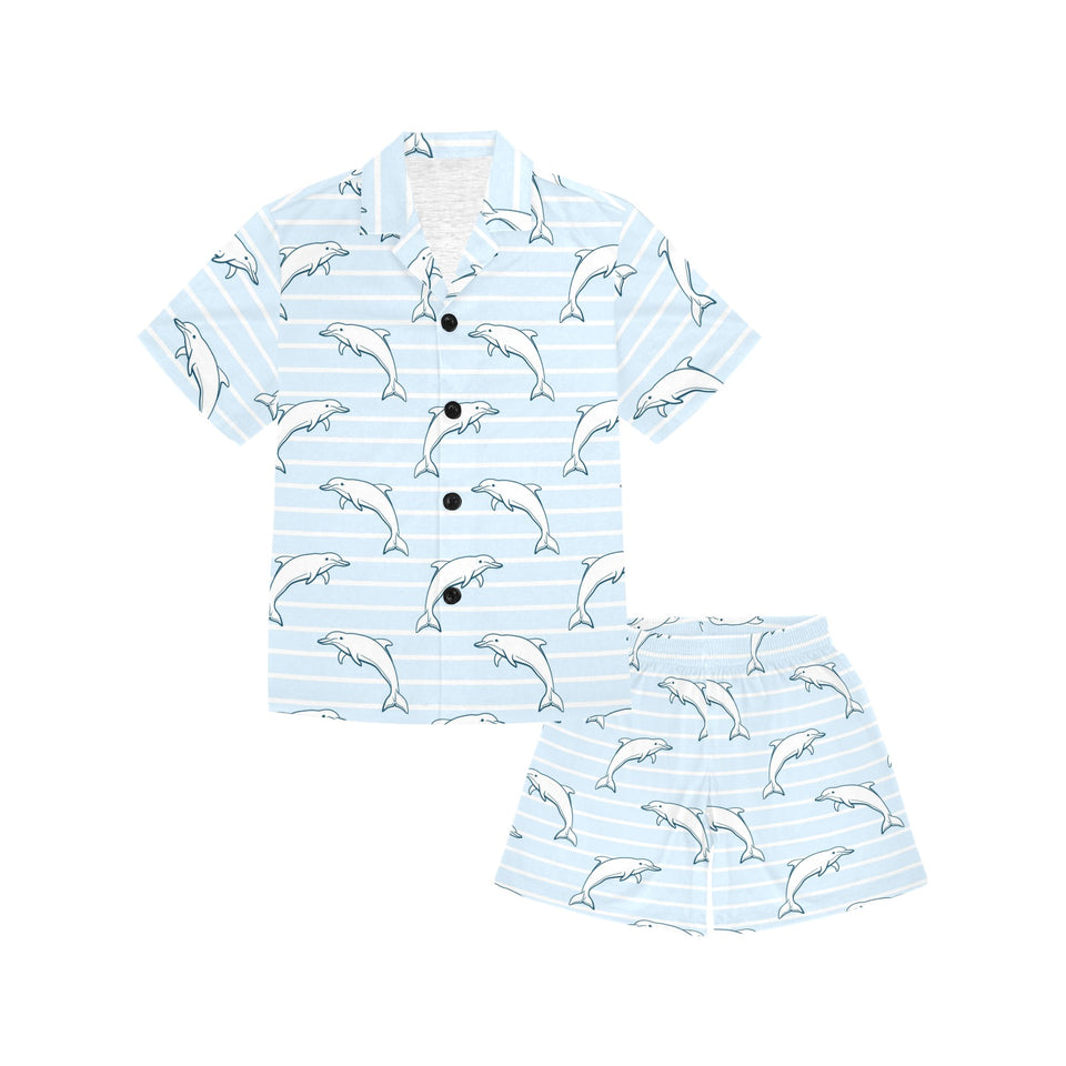 Dolphin blue striped background Kids' Boys' Girls' V-Neck Short Pajama Set