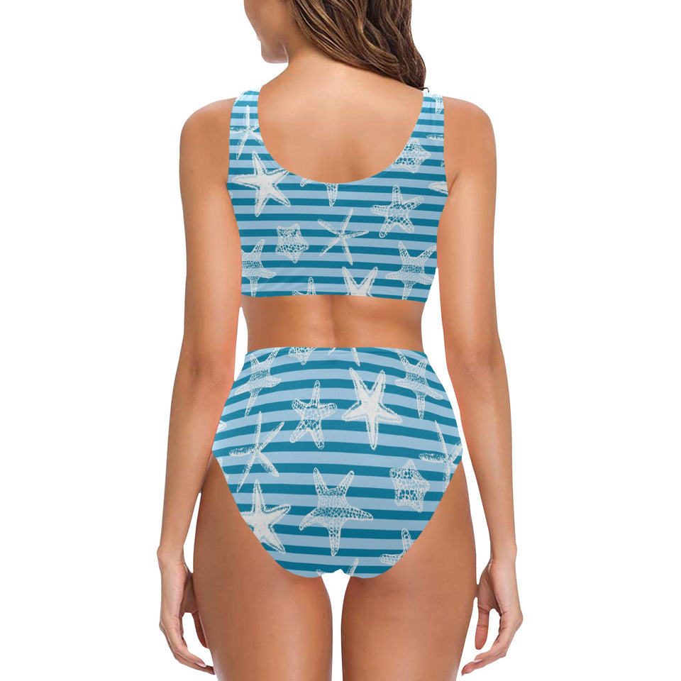 Starfish blue blackground Chest Bowknot High Waisted Bikini Swimsuit