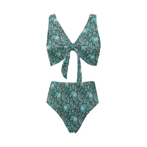 Elephants jungle pattern Chest Bowknot High Waisted Bikini Swimsuit