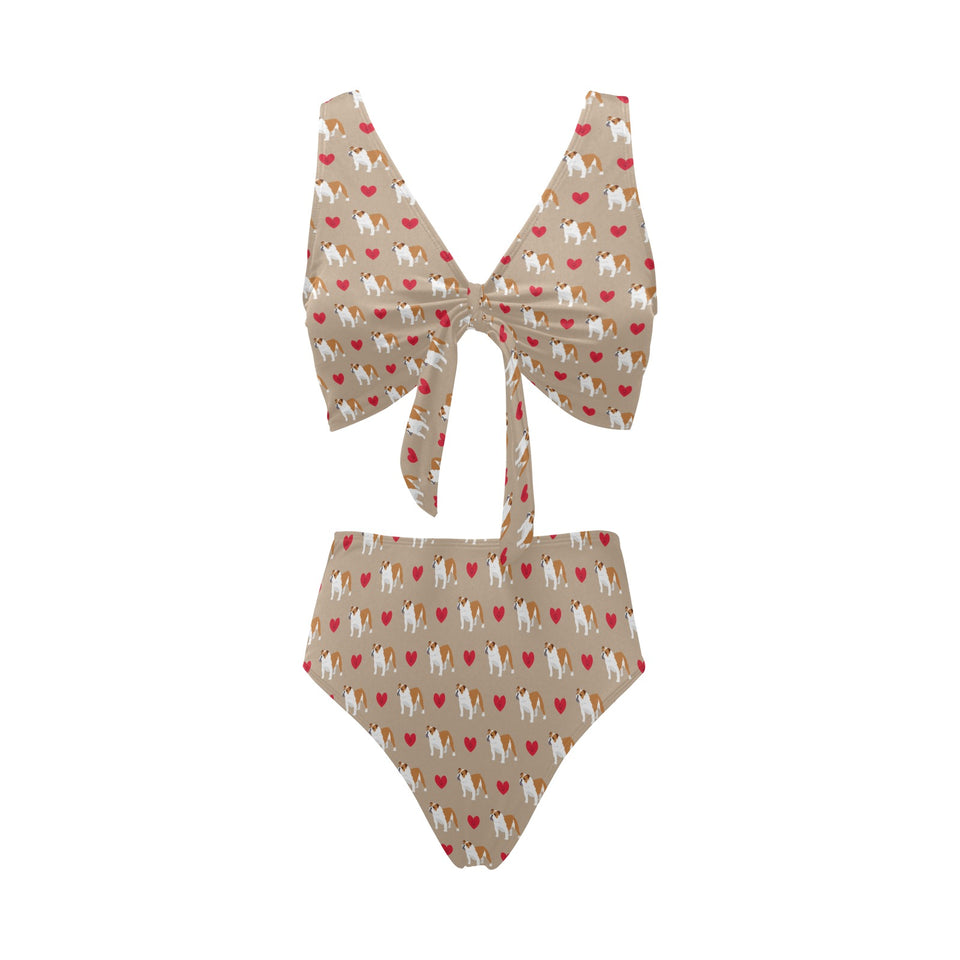 English Bulldog Pattern Print Design 05 Chest Bowknot High Waisted Bikini Swimsuit