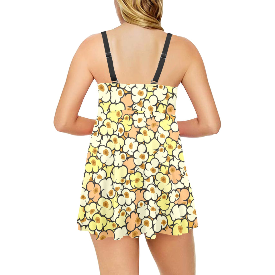 Popcorn Pattern Print Design 03 Chest Sexy Pleated Two Piece Swim Dress