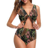 Horse head wild roses pattern Chest Bowknot High Waisted Bikini Swimsuit