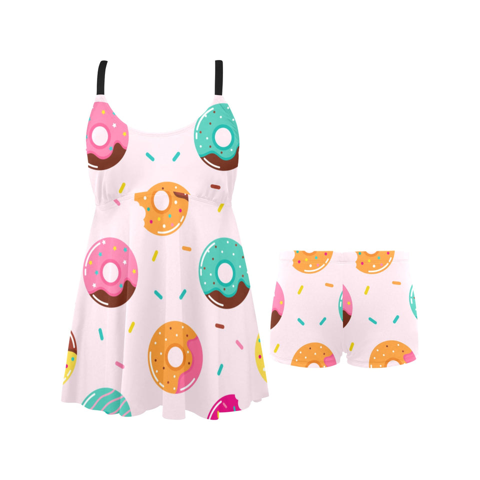 Donut pattern glaze pink background Chest Sexy Pleated Two Piece Swim Dress