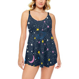 space pattern with planets, comets, constellations Chest Sexy Pleated Two Piece Swim Dress