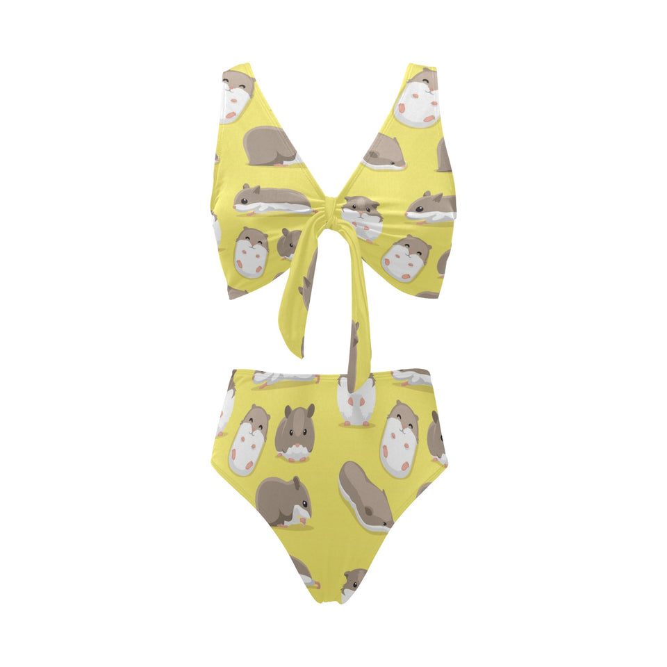 Cute Hamster pattern Chest Bowknot High Waisted Bikini Swimsuit