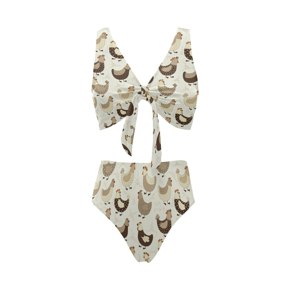 Cute rooster chicken cock Chest Bowknot High Waisted Bikini Swimsuit