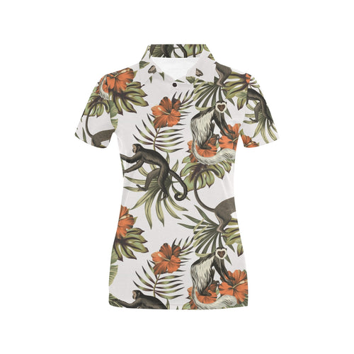 Monkey red hibiscus flower palm leaves floral patt Women's All Over Print Polo Shirt