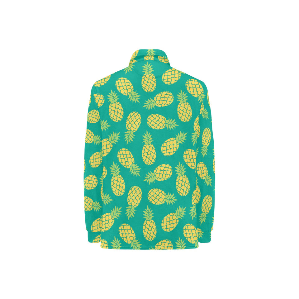 Pineapples pattern green background Women's Long Sleeve Polo Shirt