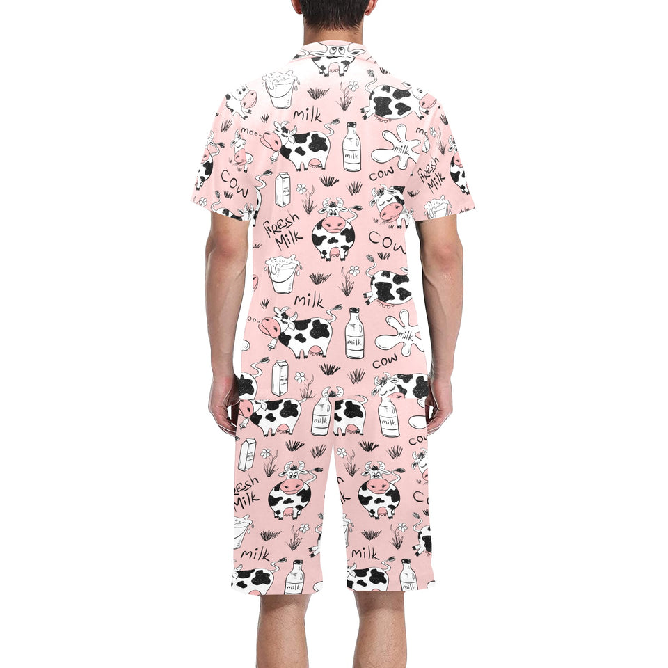Cows milk product pink background Men's V-Neck Short Pajama Set