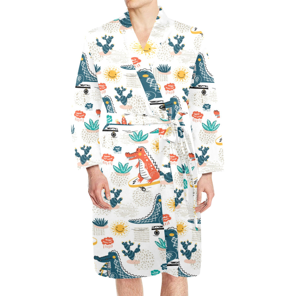 Cute Crocodile Pattern Men's Long Sleeve Belted Night Robe