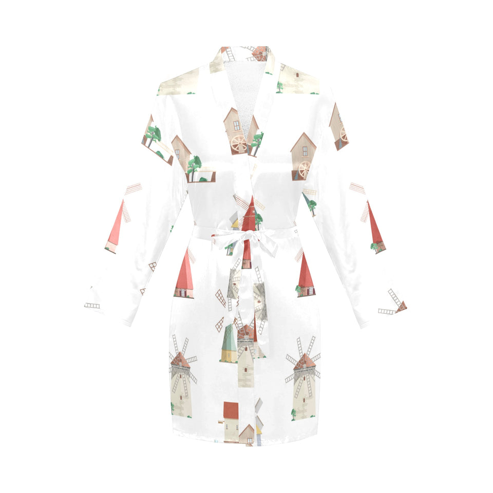 windmill design pattern Women's Long Sleeve Belted Night Robe