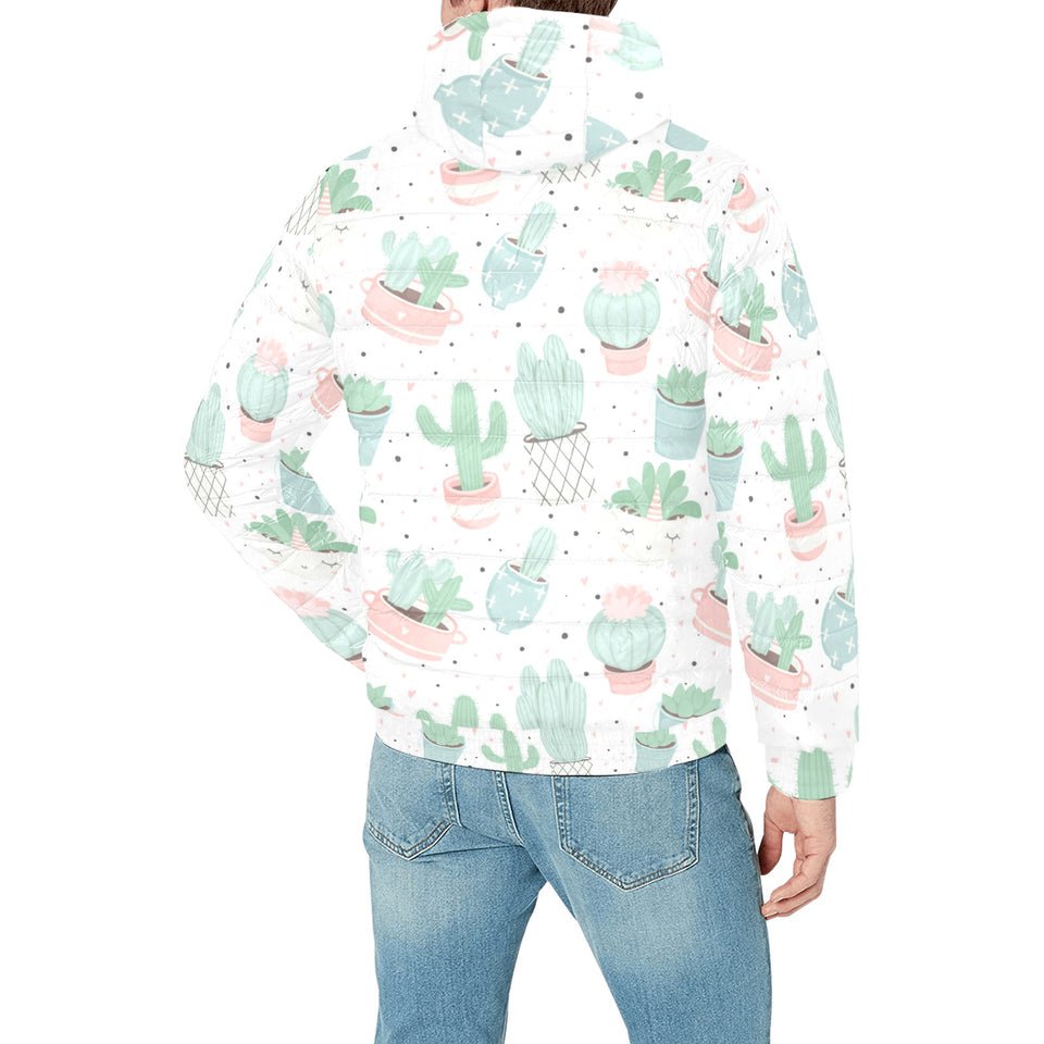 Pastel color cactus pattern Men's Padded Hooded Jacket