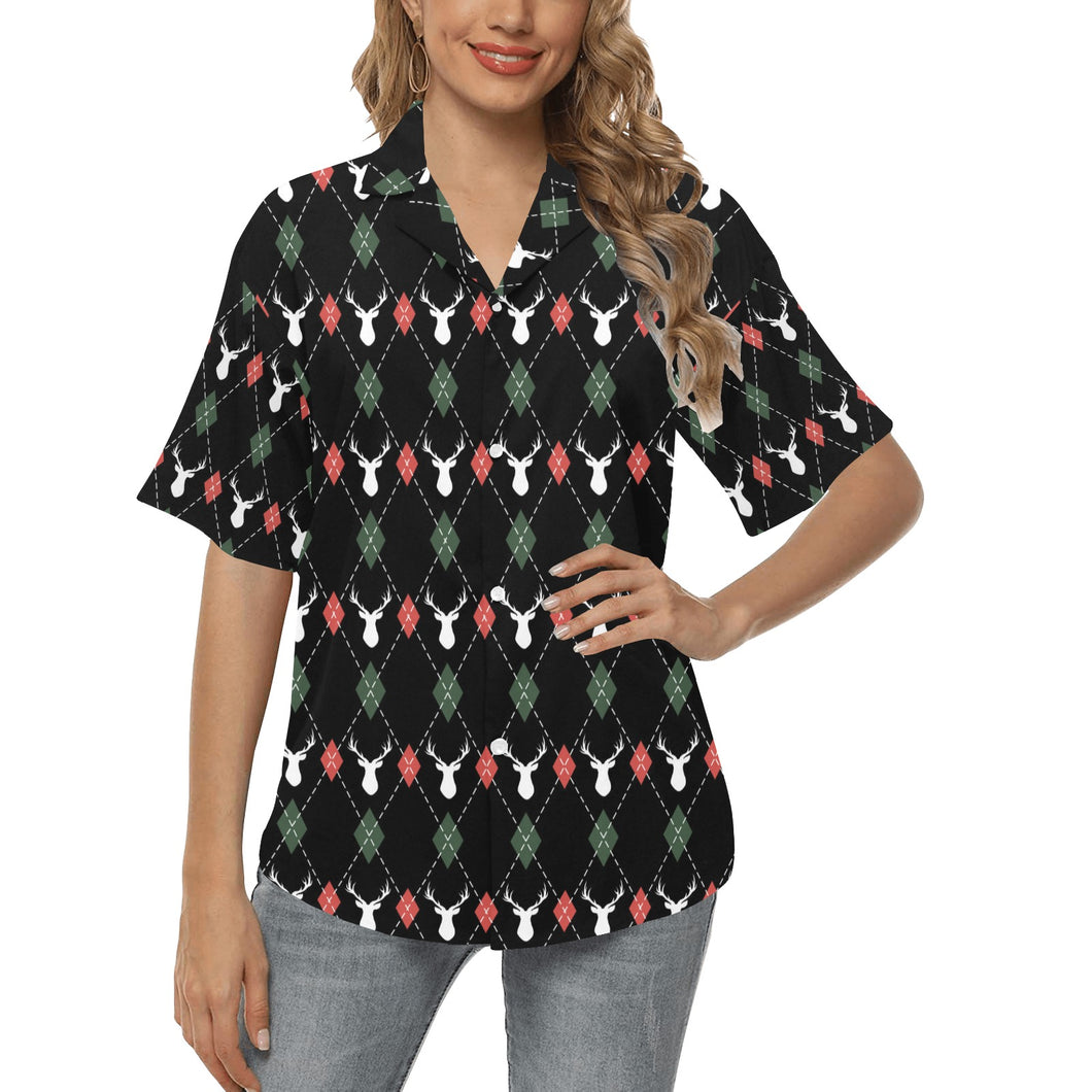 Deer Christmas new year pattern argyle Women's All Over Print Hawaiian Shirt