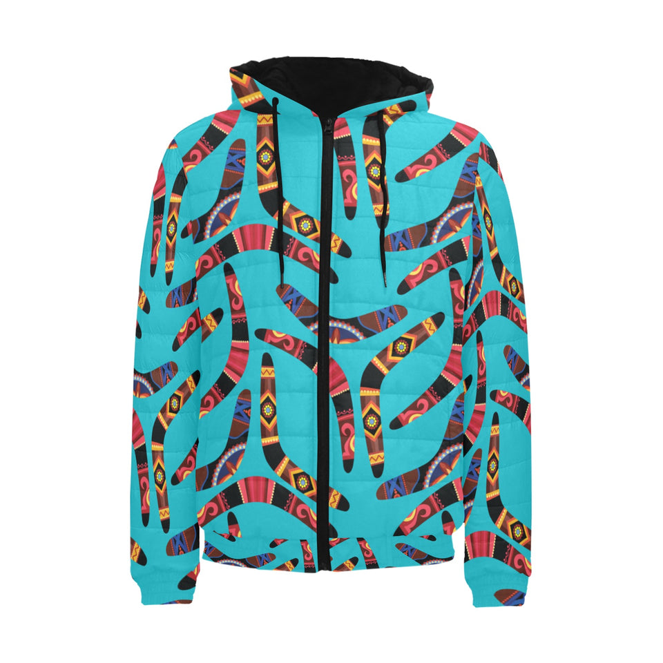 Boomerang Australian aboriginal ornament blue back Men's Padded Hooded Jacket