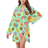 Colorful donut pattern green background Women's Long Sleeve Belted Night Robe
