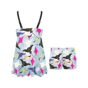 Stingray Pattern Print Design 01 Chest Sexy Pleated Two Piece Swim Dress