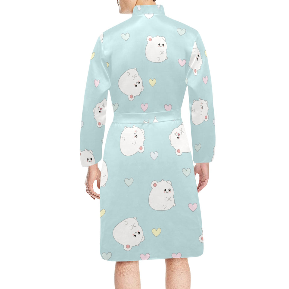 White cute hamsters heart pattern Men's Long Sleeve Belted Night Robe