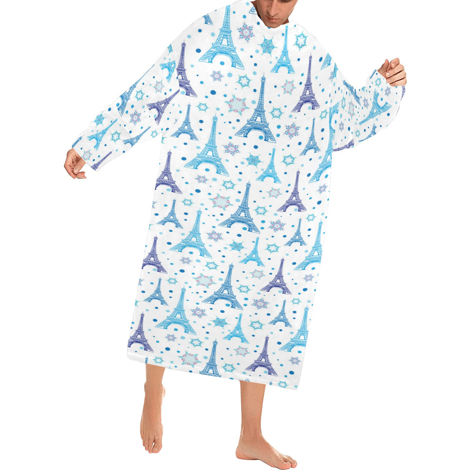 Blue Eiffel Tower Theme Pattern Print Design 01 Blanket Robe with Sleeves