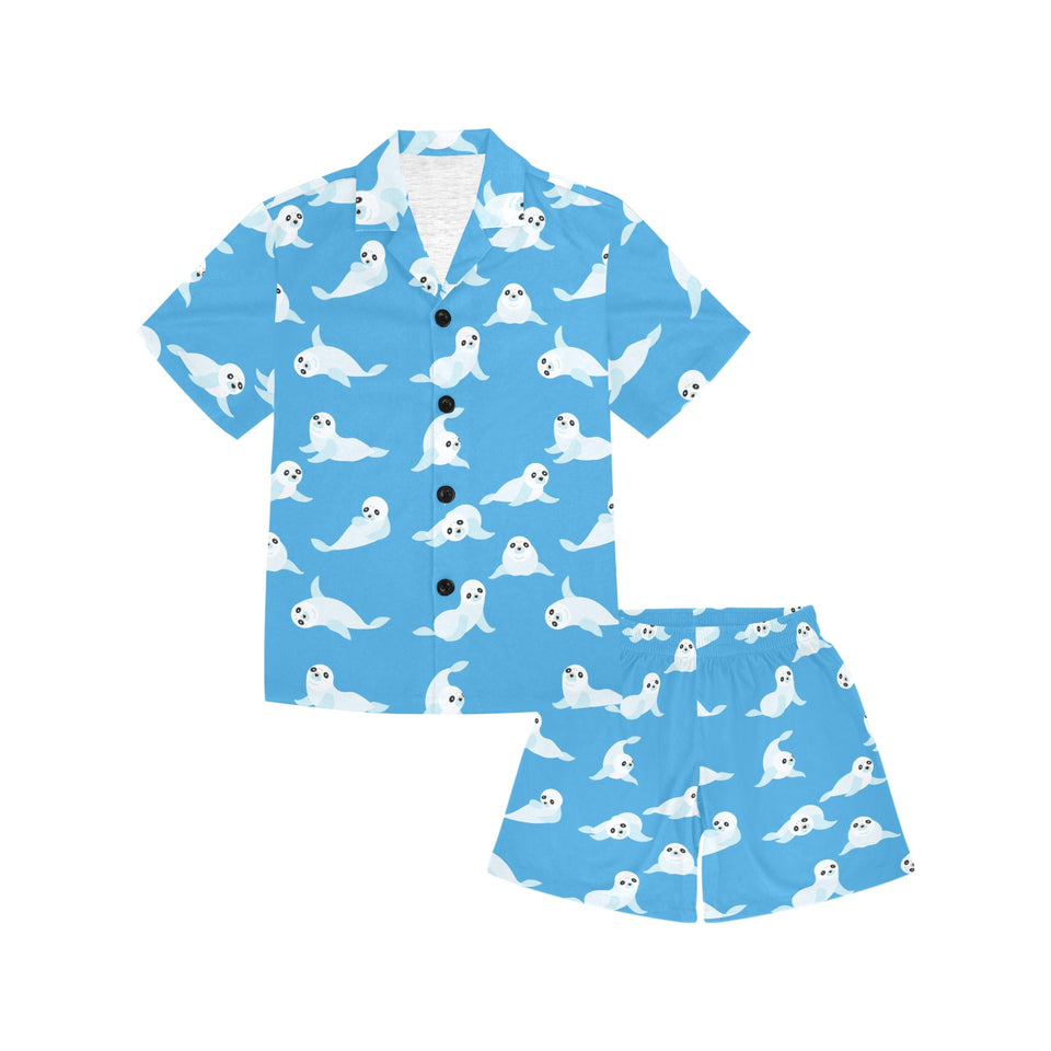 Cute sea lion seal pattern background Kids' Boys' Girls' V-Neck Short Pajama Set