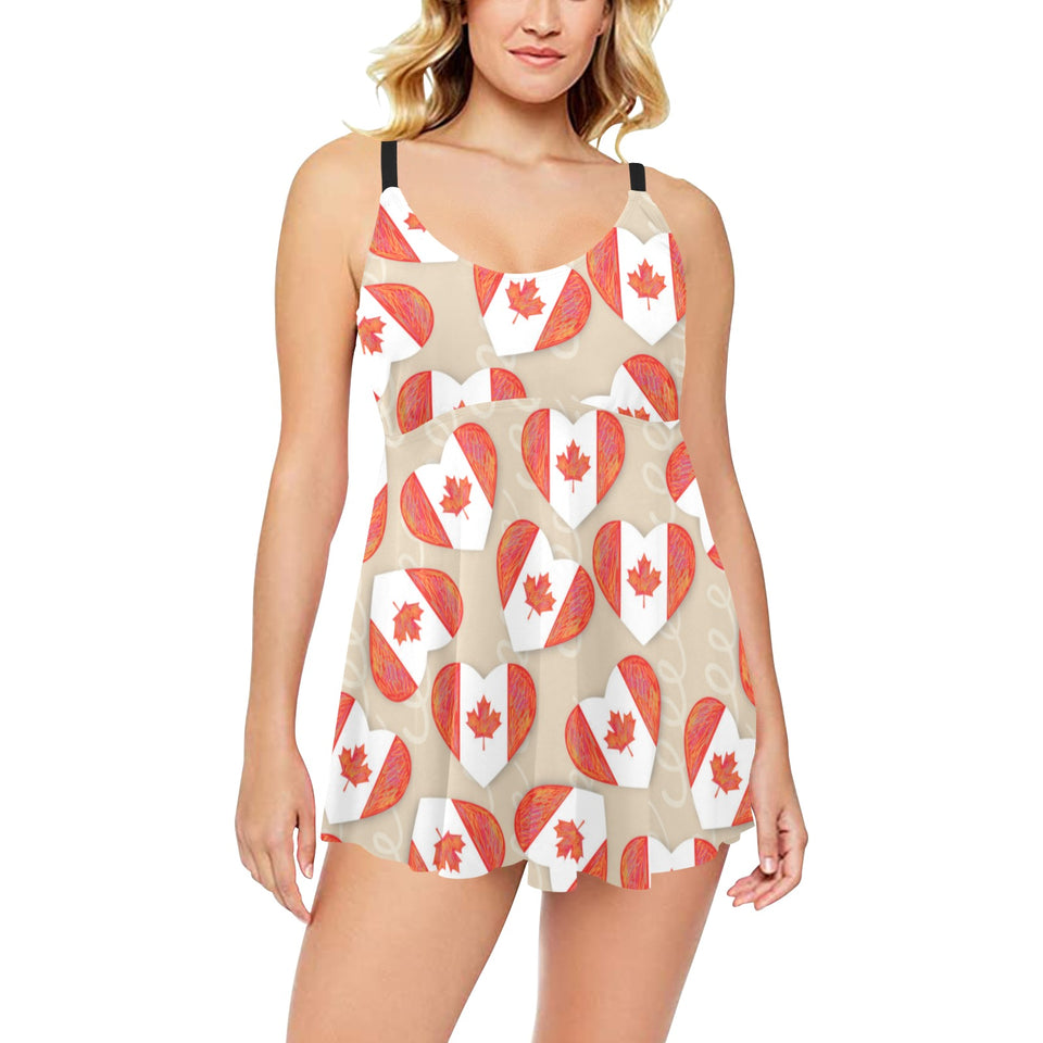 Canada Pattern Print Design 01 Chest Sexy Pleated Two Piece Swim Dress