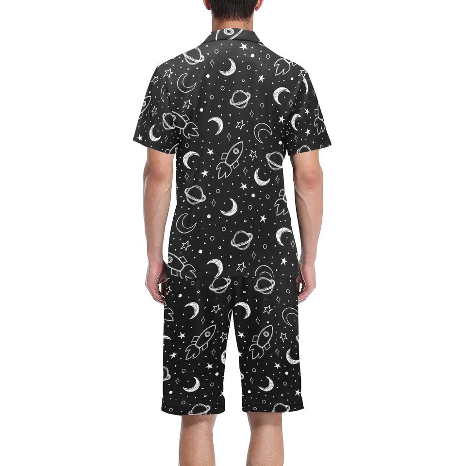 Hand drawn space rocket star planet Men's V-Neck Short Pajama Set