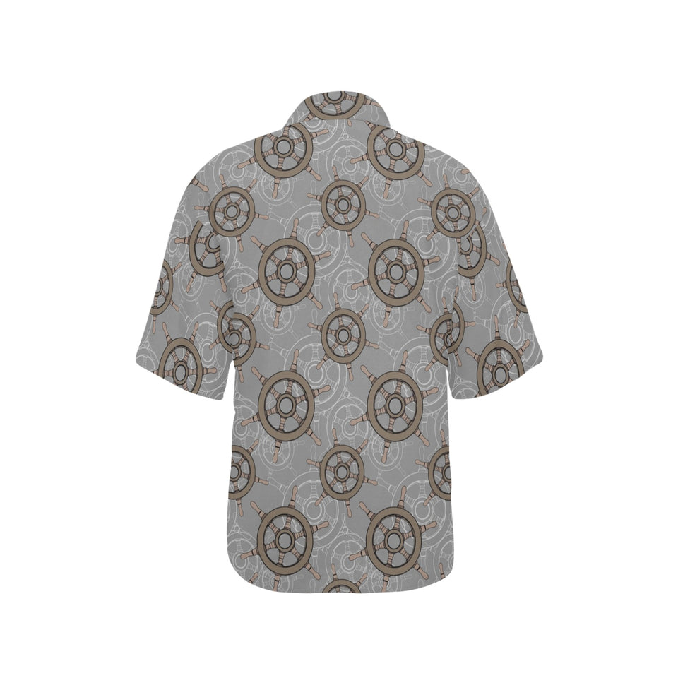 nautical wood steering wheel pattern Women's All Over Print Hawaiian Shirt
