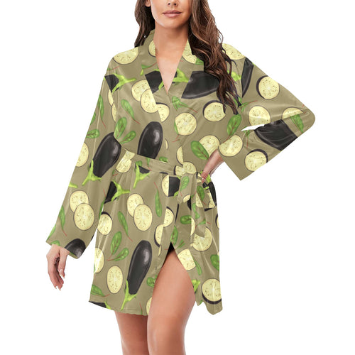 Eggplant Pattern Print Design 02 Women's Long Sleeve Belted Night Robe